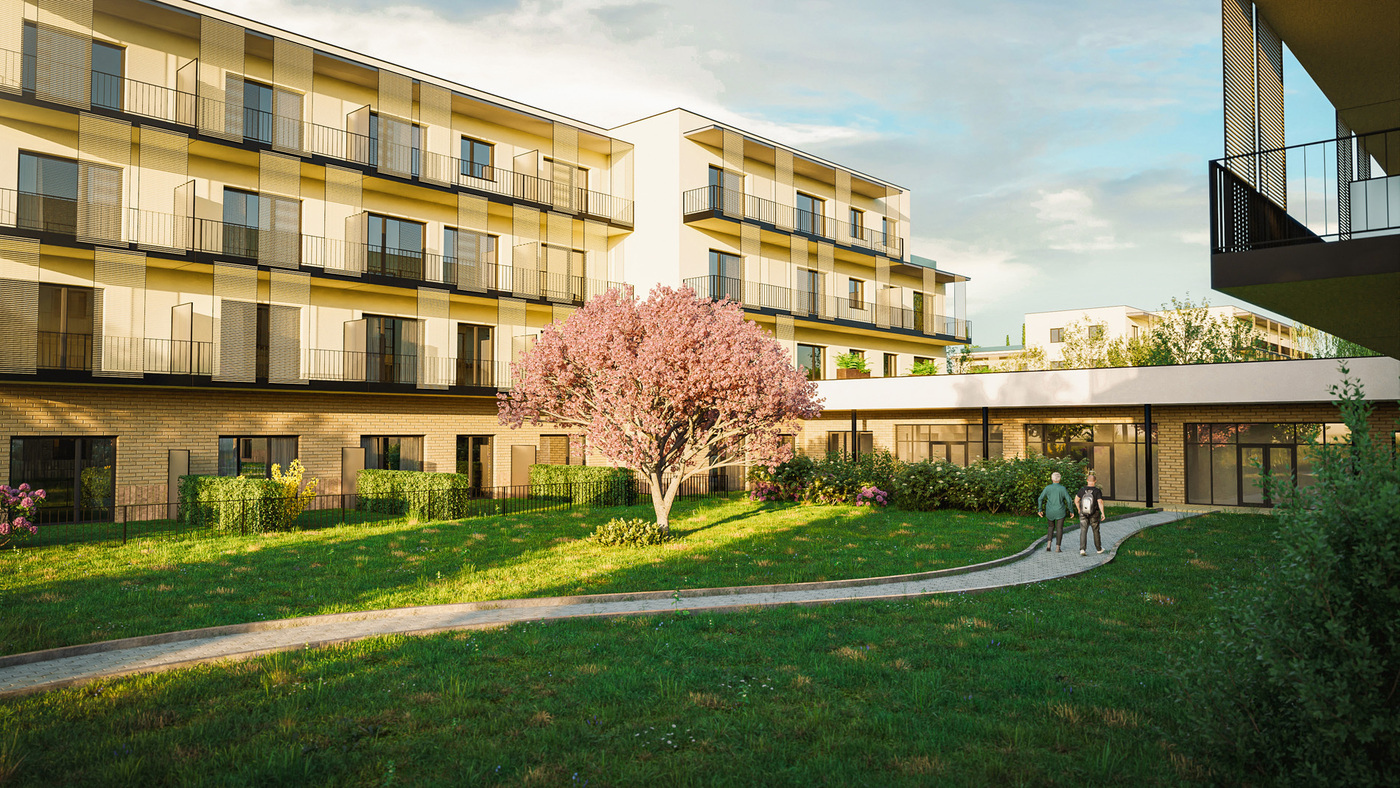Senior resort Hluboká: Vizualizace vnitrobloku s trávníkem a cestami, vpravo krytá spojovací chodba.