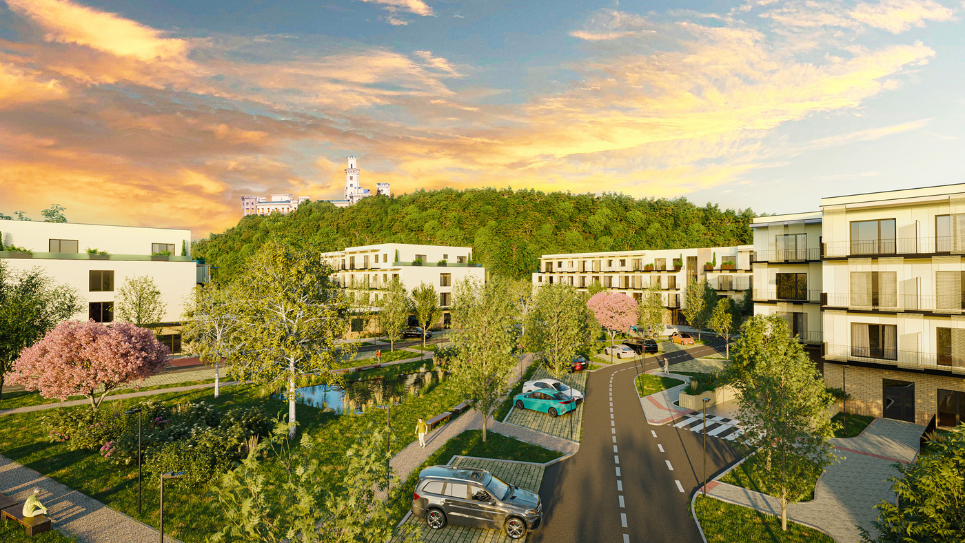 Senior resort Hluboká: Vizualizace areálu z výšky, na kopci v pozadí je zámek Hluboká.